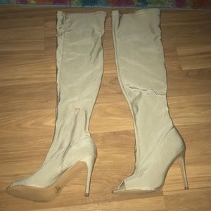 Beige Knee High Open Toed boots